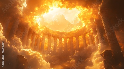 The Olympian gods in a circular formation, surrounded by marble columns and swirling clouds, deciding the fate of mortals below, with Mount Olympus glowing in golden light