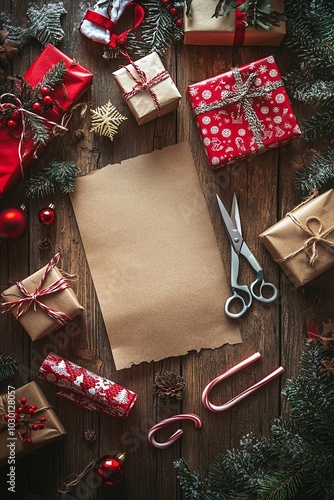 Disposizione piatta di forniture per confezioni regalo di Natale su un tavolo di legno in un laboratorio (forbici, nastro e carta regalo) 