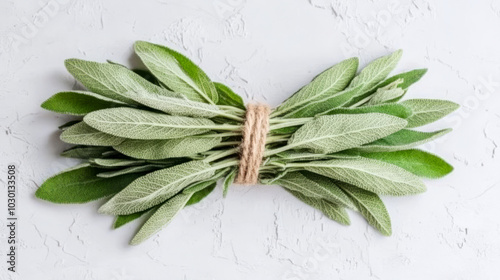 A bundle of fresh sage leaves with soft, velvety texture, laid out on a white background