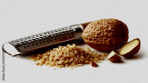 A close-up of freshly grated nutmeg, with the whole nut and grater nearby, isolated on a white background