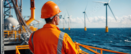 Offshore wind turbine engineer looking at wind farm from oil rig platform