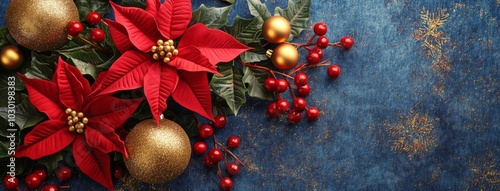 Holiday wreath with red poinsettias, green leaves, and gold ornaments on blue