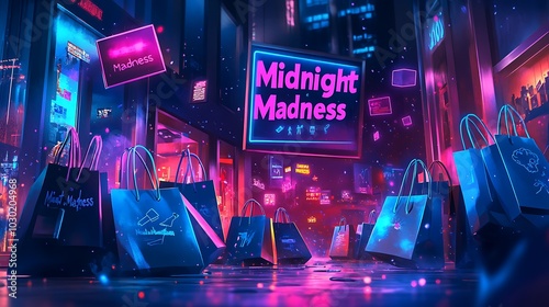 A dark-themed Black Friday sale illustration, glowing neon text reading "Midnight Madness" with vibrant blue and pink lights,