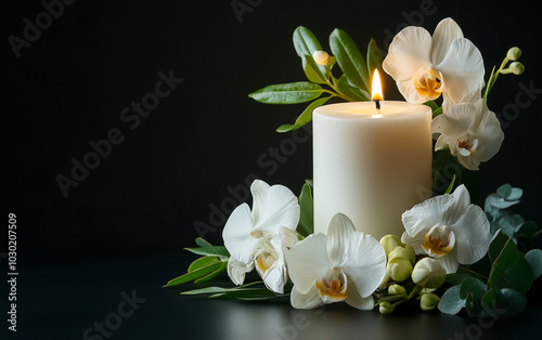 A white candle and flowers on a black background