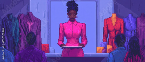 Female Fashion Designer Presentation in Pixel Art Style