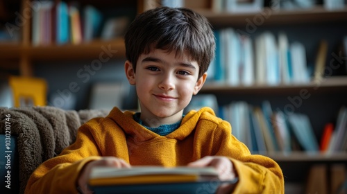 A young person with a learning disability practices reading comprehension while seated at a comfortable desk, utilizing an AI tutor on a tablet.