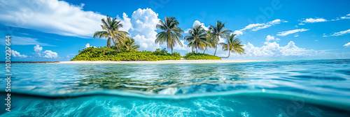 Ein tropischer Strand mit Palmen und blauem Himmel 