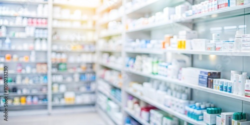 pharmacy counter with blur shelves of drug in the pharmacy drugs