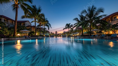 Luxury Tropical Resort at Sunset with Infinity Pool and Palm Trees Reflecting in Water