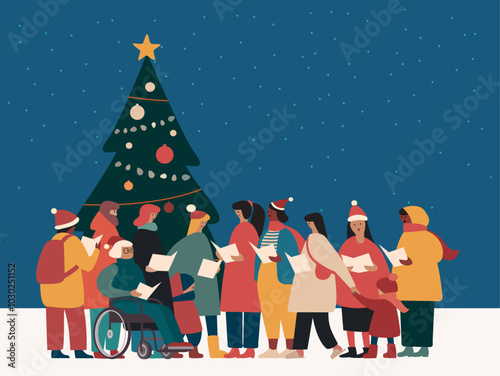 Group of Happy People in Santa Hats Singing Christmas Carols. Winter Holidays Characters. Xmas Singers Caroling at night under the Christmas tree. Flat Vector illustration