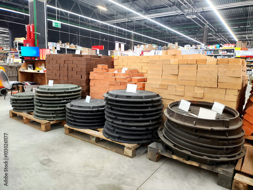 Sale of orange bricks and metal sewer manholes in a store, industry. Copy space for text