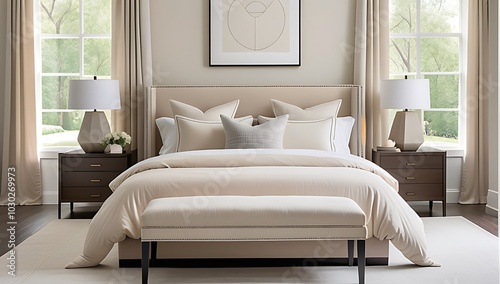 soft beige bedding adorns minimalist french country style modern bedroom elegant neutral tones