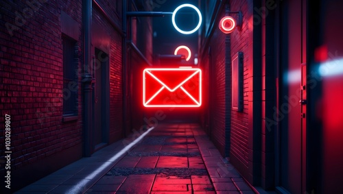 Neon email icons.Digital Art: Vintage-Inspired Email Signal. Illuminated by neon Email signs reflecting. Floating mail icon in an ultramodern, supernatural scene, with copy space. 