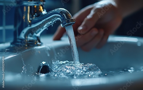 Crystal-clear water cascading from a gleaming tap, a refreshing sight in the subdued light of a bathroom. The gentle flow fills the sink.