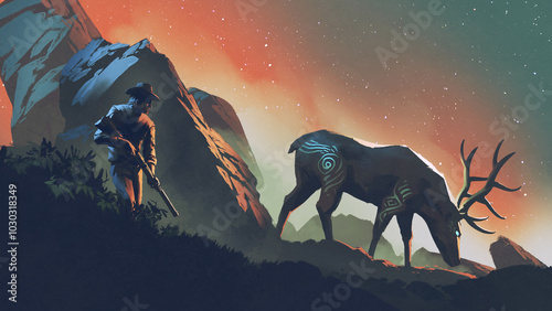 Hunter Stalking Glowing Mythical Stag in Mountain Landscape