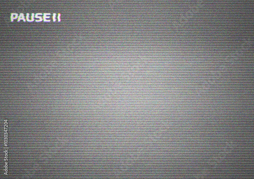 TV screen texture with glitch text PAUSE. HDTV no signal problems. Bad TV signal on TV screen Noise of motion background lines. Glitch VHS. Retro concept. Glitch camera effect. Video rewind texture