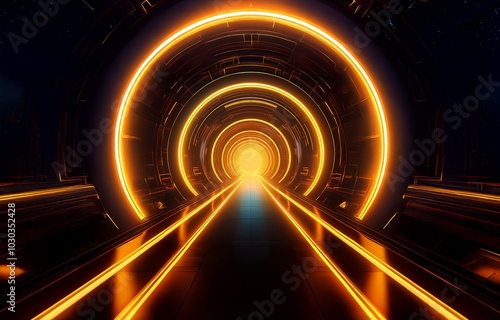 A dark hallway with a glowing orange light at the end, and a path of neon lights guiding the way.