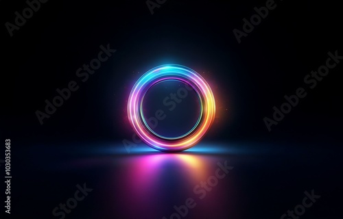 A glowing, iridescent ring stands on a dark, reflective surface.