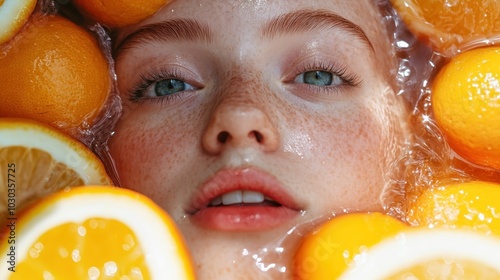 A refreshing image of a freckled woman partially submerged with vibrant fresh oranges and lemons, embodying freshness, brightness, and a sense of rejuvenation.