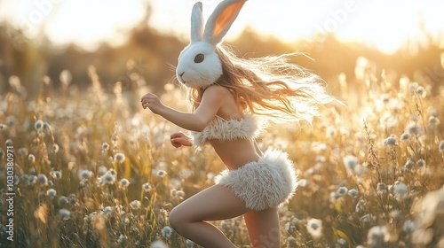 Blonde girl in a rabbit mask running across a summer field. Quadrobics, pagan rites and solstice festival concept. Lifestyle portrait for wallpaper, poster, card