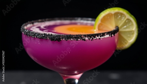 Detailed Canon EOS 5D Mark IV capture of a hauntingly beautiful purple-orange margarita against a dark backdrop