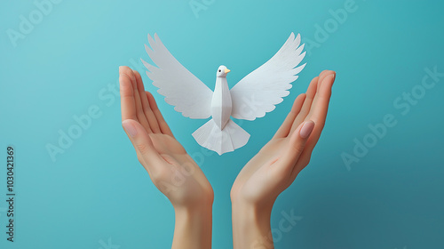 Female hands with paper dove on color background. International Day of Peace