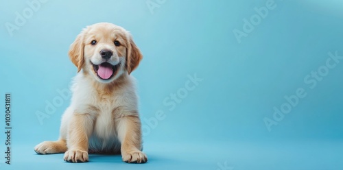 A golden retriever puppy with its tongue out, isolated over a blue background.