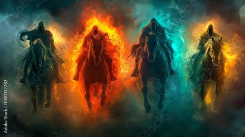 Four horsemen of the Apocalypse riding fiery and icy horses, symbolizing destruction and the end of the world