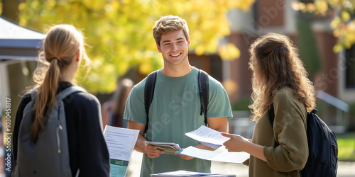 Mental health awareness campaign booth at a college campus, with volunteers handing out informational brochures and talking to students.