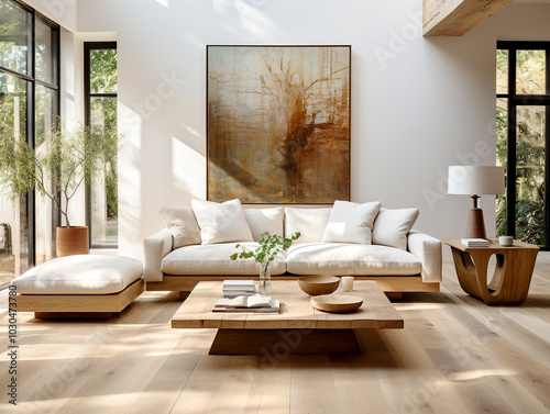 Minimalist interior design of modern bright and airy living room with a white sofa and wooden accents. Large abstract art and natural light bring warmth and elegance to the minimal decor.