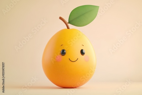 A cartoon orange with a leaf on top of it