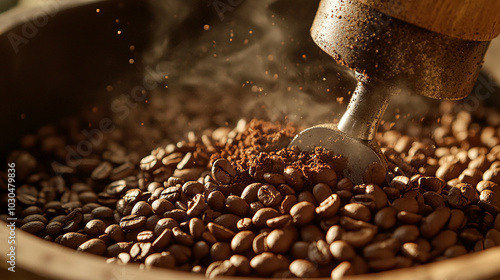 Close-up of coffee beans being ground manually