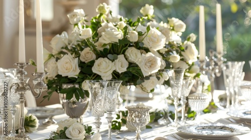 A table set for an extravagant dinner party featuring silver candelabras fine china and a floral centerpiece with white roses and greenery.