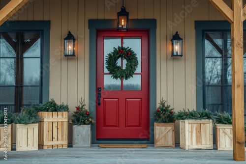 Welcoming red front door with christmas decorations and lanterns illuminating a cozy farmhouse style home entrance