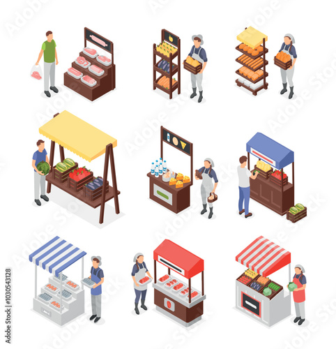 Agriculture market isometric. Wooden stalls with farmer dairy products fruits vegetables. Meat and fish products, sellers and customers flawless vector set