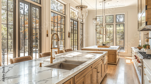 Organic traditional kitchen with antique brass accents and large marble island in a bright home with many windows and warm color palette.