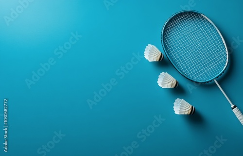 A badminton racket and shuttlecock resting on a blue background, ideal for sports enthusiasts