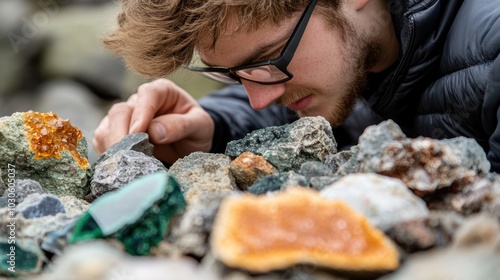 Man Examining Rocks and Minerals