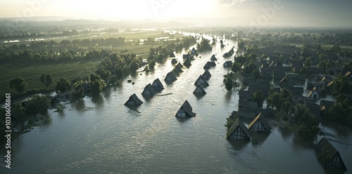 Aerial image showing flooded rural landscape with houses and trees submerged, highlighting the unpredictability of nature and the vulnerability of humanity.