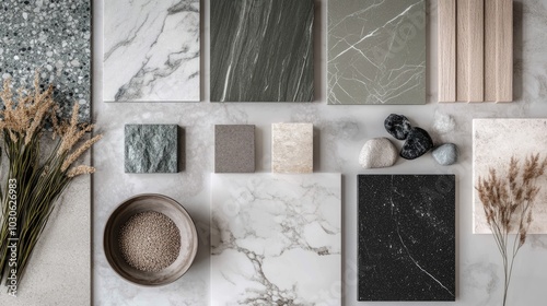 A carefully curated mood board presents natural materials like stone and wood in soothing tones, showcasing granite, marble, and oak alongside decorative elements, evoking serenity