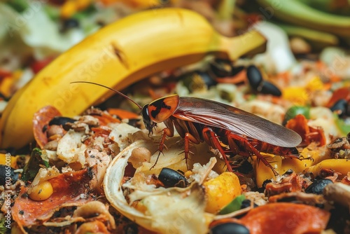 A cockroach scurrying through a pile of food scraps, surrounded by decaying leftovers like pizza crusts, banana peels, and soggy vegetables in a dirty, cluttered kitchen