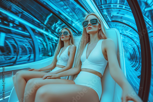 Two girls in trendy glasses and tight short outfits in futuristic transportation of the future, perhaps in an underwater tunnel or hyperspace shuttle craft