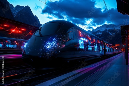 Train station in a futuristic Woodstock, with digital displays everywhere