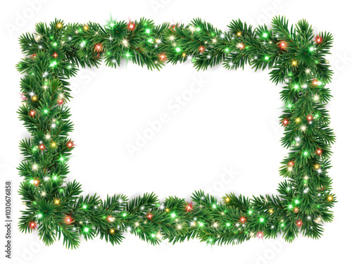 Christmas wreath with glowing Christmas lights. Christmas tree decoration. Holiday fir tree garland. Festive winter season frame, realistic spruce branches. Transparent background in vector file.