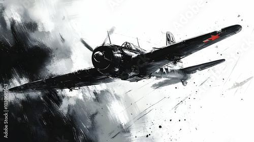 A dramatic illustration of a vintage warplane in flight.