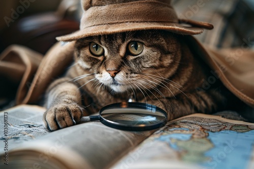 This charming scene features a tabby cat dressed in a detective hat, intently studying a map and holding a magnifying glass. The cozy indoor setting adds a playful touch