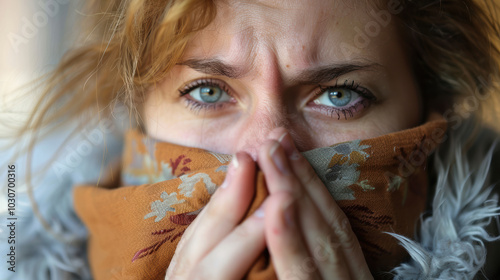 Close-up of a woman who is sick and unwell at home with a cold, fever headache or migraine.