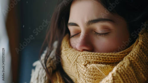 Close-up of a woman who is sick and unwell at home with a cold, fever headache or migraine.