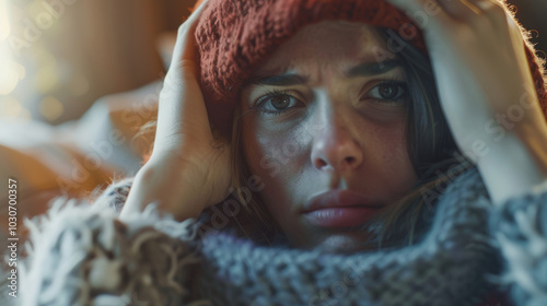 Close-up of a woman who is sick and unwell at home with a cold, fever headache or migraine.