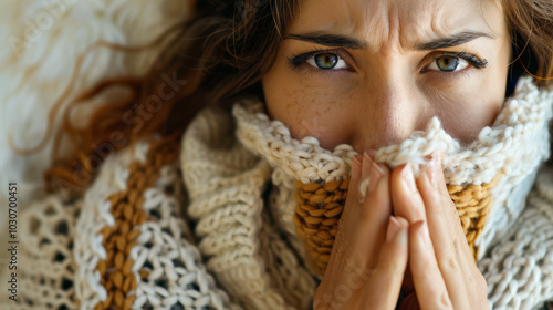 Close-up of a woman who is sick and unwell at home with a cold, fever headache or migraine.